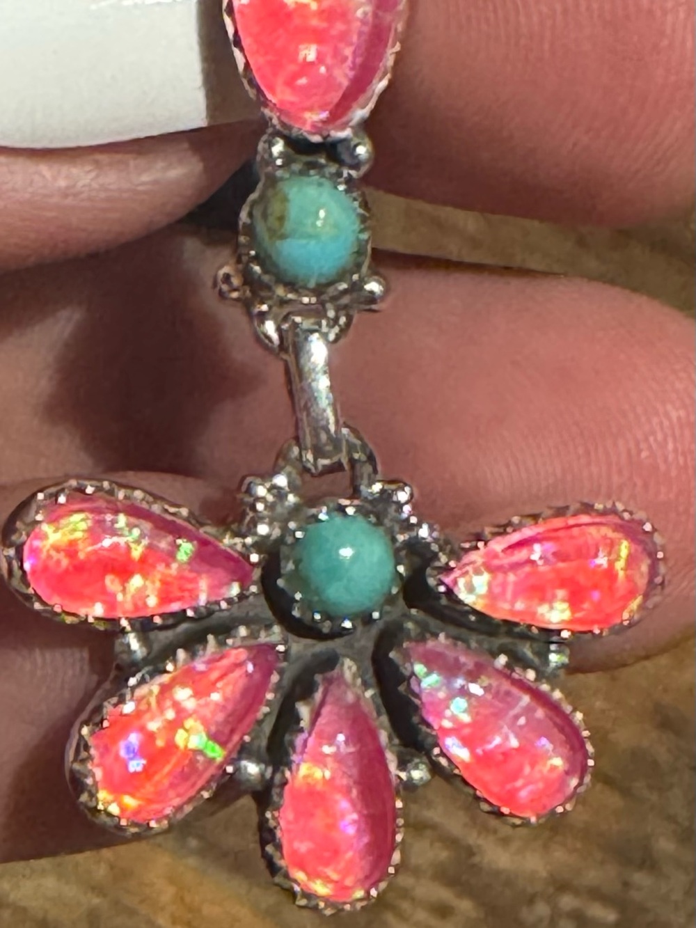 Hot Pink Opal Flower Pendant with Turquoise Accents - Picture 2 of 3